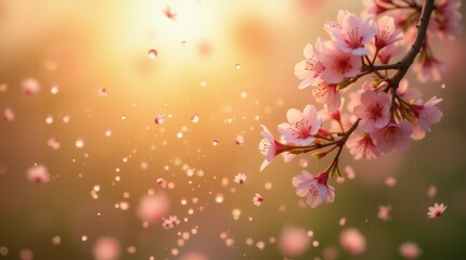 Fototapeta premium Close-up of pollen particles floating in the air with a blurred background of blooming flowers and trees, representing spring allergy triggers.