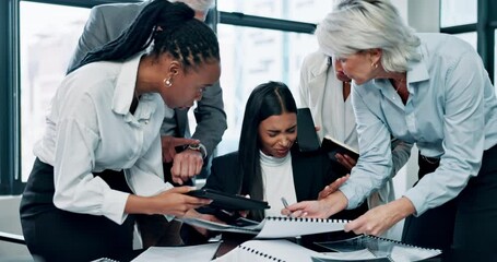 Stress, meeting and overwhelmed woman with team workload, paperwork and schedule at digital agency. Mental health, business people and consultant in office with anxiety, burnout and management crisis