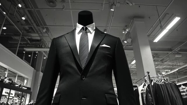 Elegant black suit on display in upscale clothing store during the afternoon shopping hours