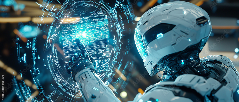 Aufkleber futuristic robotic figure interacts with glowing holographic interface, showcasing advanced technology and innovation in artificial intelligence and data visualization