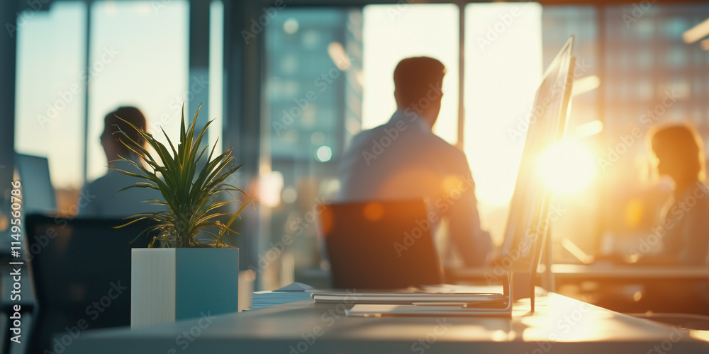Poster modern office space with focus on desk featuring small potted plant and computer monitor, with blurr