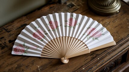 A closed hand fan rests on a wooden surface. It features a light beige fabric with painted pink roses and a light brown wooden frame. Vintage aesthetic.