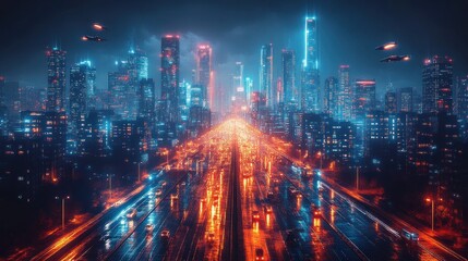Fototapeta premium Neon cityscape, futuristic vehicles, glowing roads.