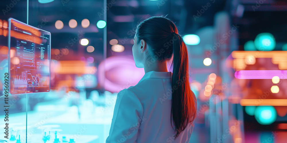 Poster woman in futuristic tech conference interacts with glowing digital screen, surrounded by vibrant neo