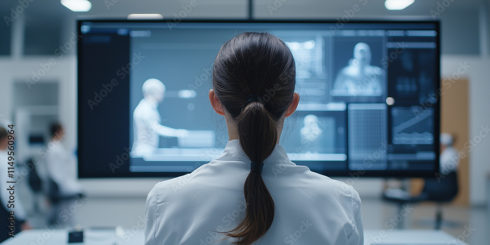 Poster woman in lab coat observes large digital screen displaying futuristic data and human figures in high tech laboratory environment