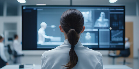 woman in lab coat observes large digital screen displaying futuristic data and human figures in high tech laboratory environment