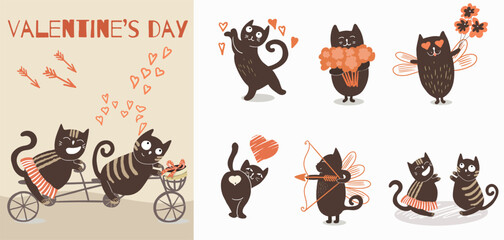 Fototapeta premium Cute vector set with illustration with cute hand drawn cats for Valentine's Day. Funny cats with hearts busy expressing their love. Festive inspiration for valentine's day.
