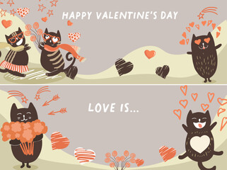 Horizontal banner, background, Happy Valentine's Day, love story, relationship, people, flowers, nature, spring, hand drawn vector.