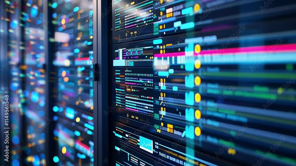 Aufkleber server racks processing and visualizing big data with bokeh effect in a modern data center, represen