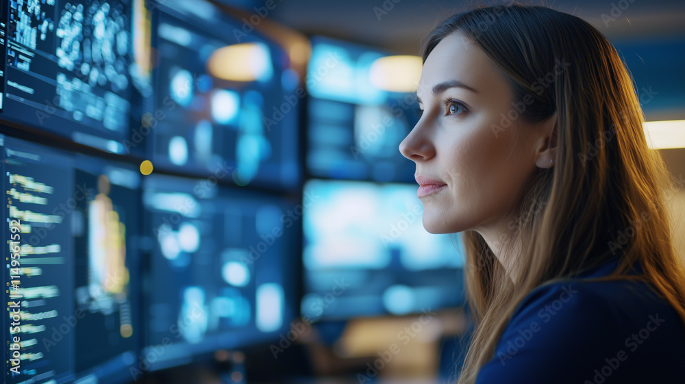 Leinwandbilder focused woman analyzing data on multiple computer screens in modern office, showcasing digital transformation and technology driven problem solving