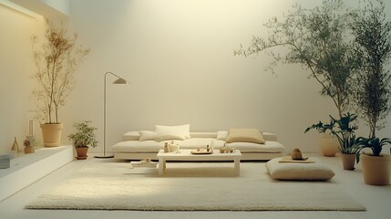 Minimalist living room interior with beige sofa, plants, and floor lamp.