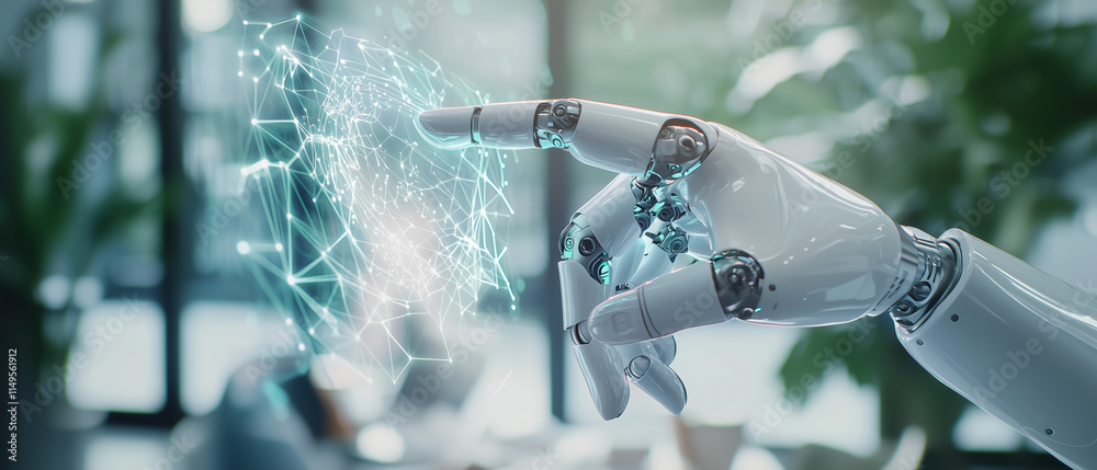 Fototapete robotic hand interacts with glowing digital interface, symbolizing advanced technology and artificial intelligence in futuristic setting