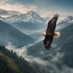 A majestic eagle soaring over a misty mountain valley.