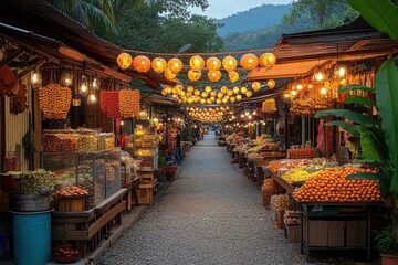 Vibrant Market Street with Lanterns and Fresh Produce