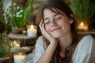 Serene Young Woman Enjoying a Peaceful Moment Surrounded by Soft Candles and Natural Elements, Embracing Tranquility and Inner Calm in a Cozy Setting