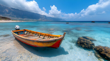 Fototapeta premium Vibrant Coastal Scene: A Realistic Image of a Colorful Boat
