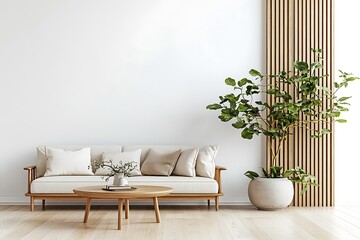 Minimalist living room interior with beige sofa, wooden coffee table, and large potted plant against a white wall with wooden slat feature.