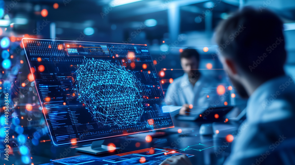 Poster team of IT specialists works in high tech office, analyzing data on futuristic digital interfaces with glowing holographic visuals, focusing on cybersecurity and AI development