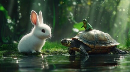 Cute rabbit and turtle by water.