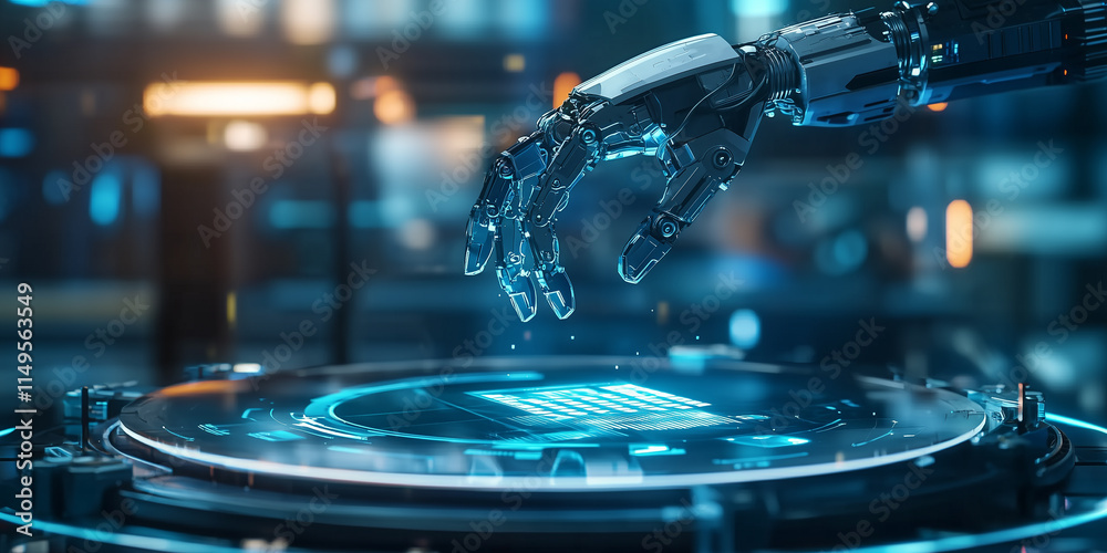 Poster robotic arm interacts with glowing holographic interface in futuristic, high tech environment, showc