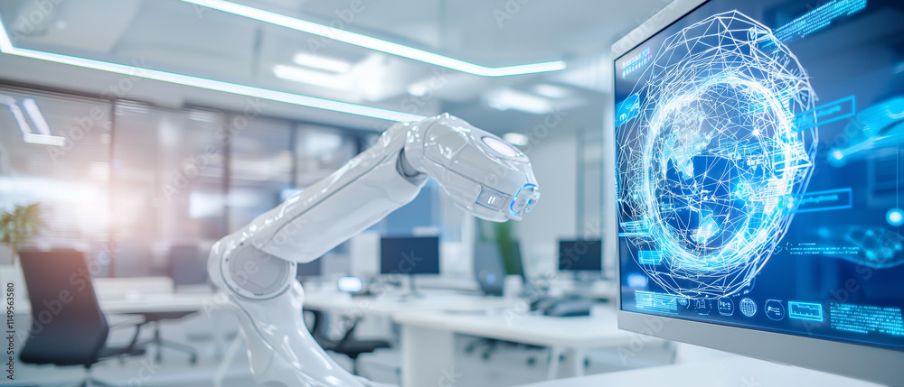 Aufkleber robotic arm interacts with holographic globe on computer screen in modern office, showcasing advanced technology and innovation in artificial intelligence and automation