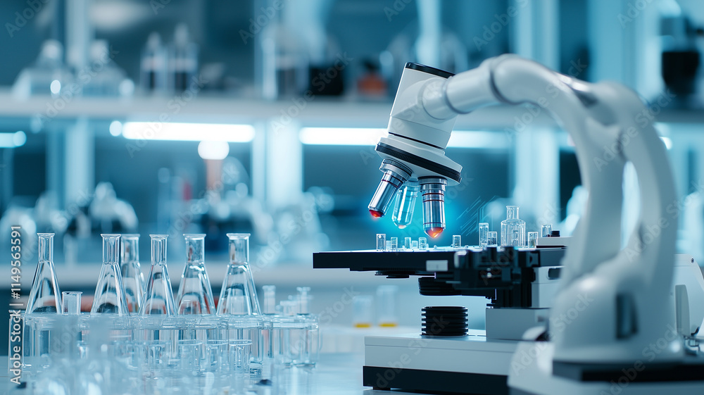 Aufkleber robotic arm operates microscope in futuristic laboratory surrounded by glassware, showcasing advance