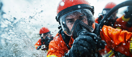 Obraz premium Firefighters in protective gear engage in intense water training, showcasing teamwork and determination in dynamic and action packed environment