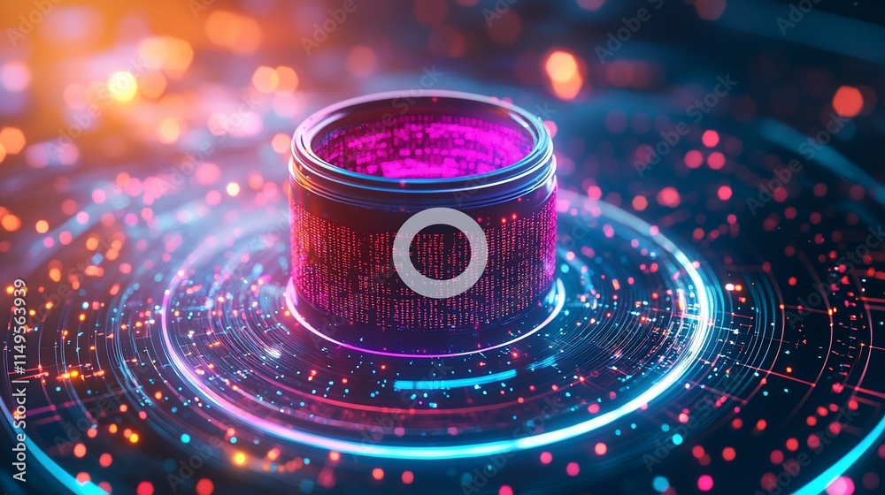 Poster digital data cylinder illuminated in neon light
