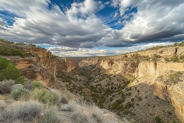 Obraz premium Dramatic canyon landscape under a cloudy sky.