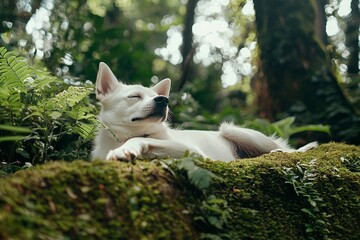 Relaxing White Dog Enjoys Sunlight in Lush Green Forest Surrounded by Ferns and Mossy Ground, Capturing the Essence of Nature and Serenity