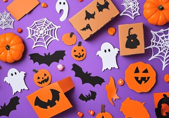 Fototapeta premium Spooky Halloween Flatlay: Pumpkins, Bats, Ghosts, and Spiders
