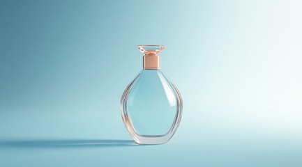 Elegant clear glass perfume bottle with a rose gold cap on a light blue background.
