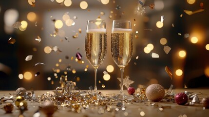Elegant Holiday Toast with Champagne Glasses and Golden Confetti