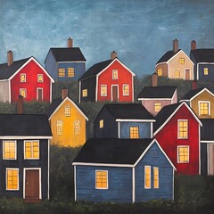 Naklejka premium Colorful Houses at Dusk: A Charming Village Night Scene