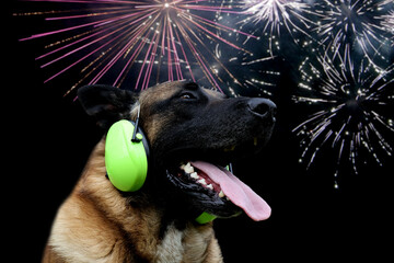 Portrait of a dog wearing noise canceling  headset in front of a black background with fireworks....