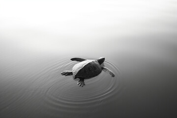 Graceful Turtle Swimming in Serene Lake. Black and White Photography. Generative AI