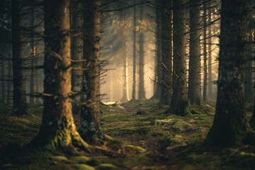 Golden sunlight filters through a mysterious foggy forest creating a magical atmosphere