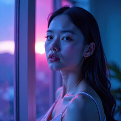 Asian young female gazing out window at vibrant sunset
