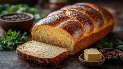 Freshly baked braided bread sliced, with butter and herbs.