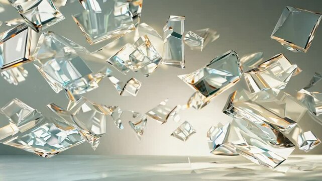 Abstract composition of transparent glass-like cubes and rectangles suspended in mid-air, illuminated by soft sunlight creating captivating reflections and shadows