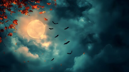 Autumnal Night Sky Bats Moon Leaves