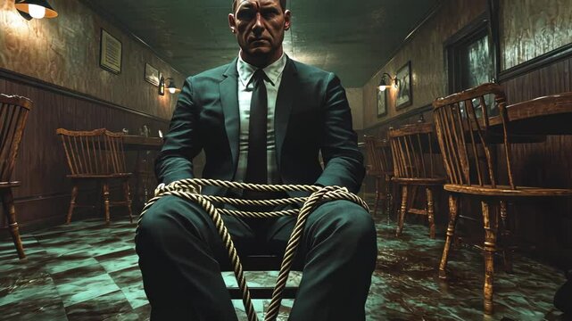 Man in Suit Seated in Dimly Lit Room with Ropes on His Hands