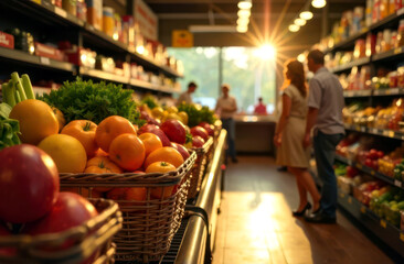 Sunlit grocery aisle with fresh produce and shoppers