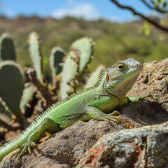 Obraz premium Green Lizard Basking on a Rock with Cactus in the Background, A Desert Scene