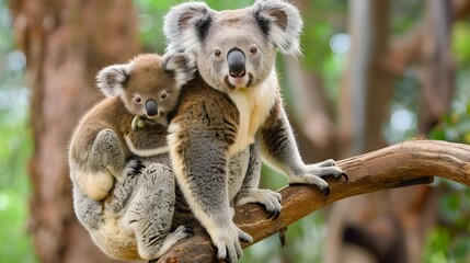 Obraz premium Adorable Koala Mother and Baby Sitting Together on a Tree Branch
