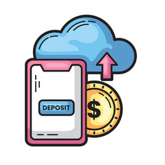 Phone screen shows deposit button and money transferring to cloud. Suitable for finance apps, online banking concepts, digital savings services