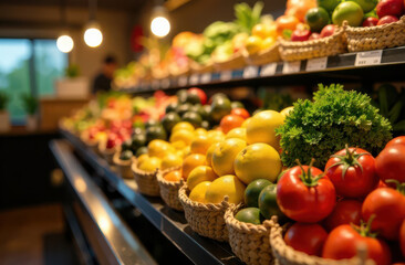 Vibrant array of fresh fruits and vegetables in grocery display