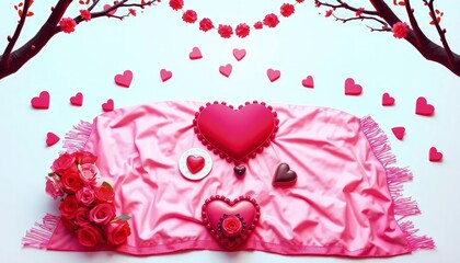 Obraz premium lat design of a romantic picnic setup with a heart-shaped blanket and Valentine treats.