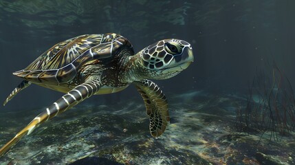 Fototapeta premium Majestic Green Sea Turtle Swimming Underwater in Clear Ocean Waters