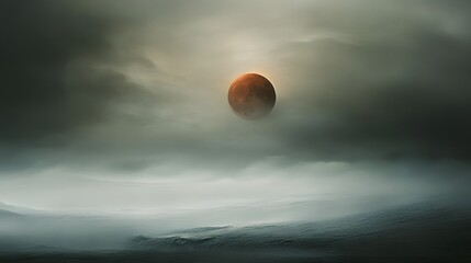 A Blood Red Moon over a Misty Frozen Landscape